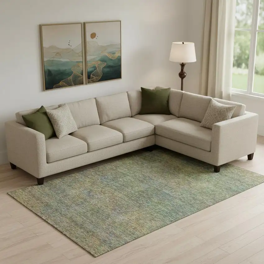 Green And Gold Abstract Washable Area Rug With UV Protection Photo 1