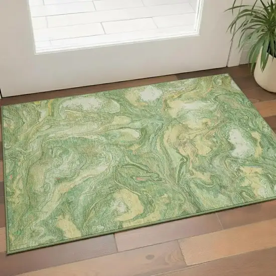 Green And Gold Abstract Washable Area Rug With UV Protection Photo 2