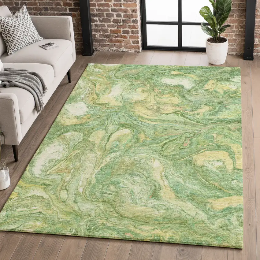 Green And Gold Abstract Washable Area Rug With UV Protection Photo 5