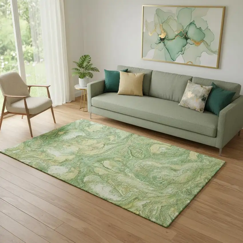 Green And Gold Abstract Washable Area Rug With UV Protection Photo 2