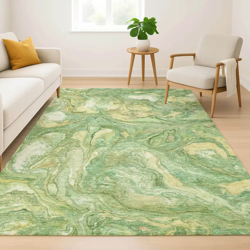 Green And Gold Abstract Washable Area Rug With UV Protection Photo 5