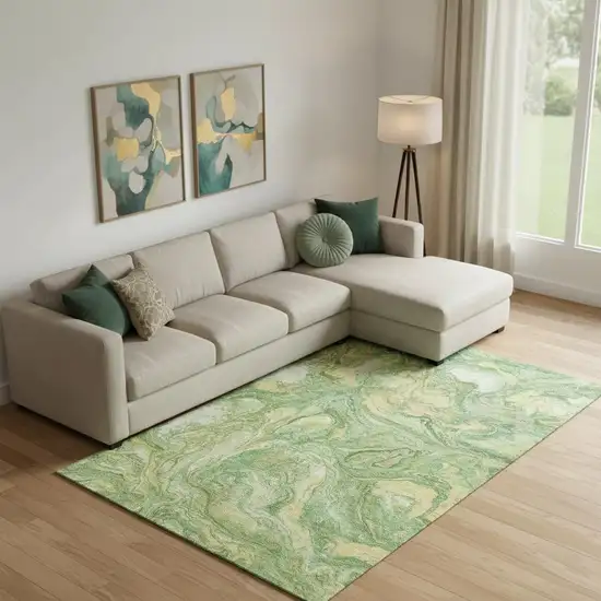 Green And Gold Abstract Washable Area Rug With UV Protection Photo 2