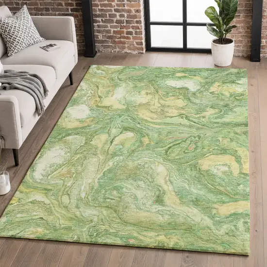 Green And Gold Abstract Washable Area Rug With UV Protection Photo 5