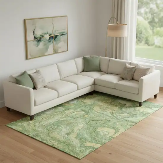 Green And Gold Abstract Washable Area Rug With UV Protection Photo 2