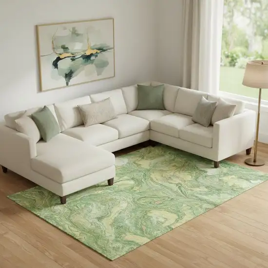 Green And Gold Abstract Washable Area Rug With UV Protection Photo 2