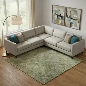 Photo of Green And Gold Abstract Washable Area Rug With UV Protection