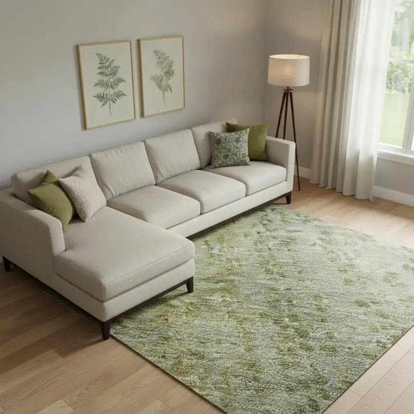 Green And Gold Abstract Washable Area Rug With UV Protection Photo 2