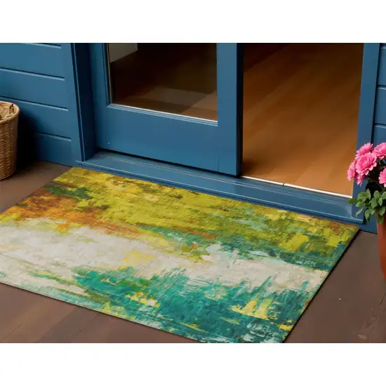 Green And Gold Abstract Washable Indoor Outdoor Area Rug Photo 2
