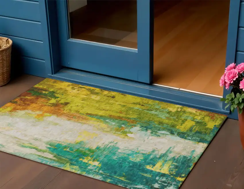 Green And Gold Abstract Washable Indoor Outdoor Area Rug Photo 2