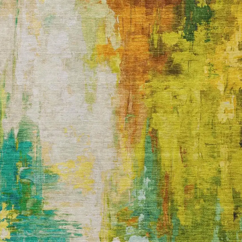 Green And Gold Abstract Washable Indoor Outdoor Area Rug Photo 7