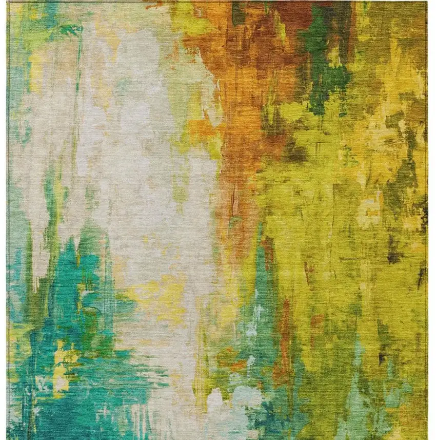 Green And Gold Abstract Washable Indoor Outdoor Area Rug Photo 1