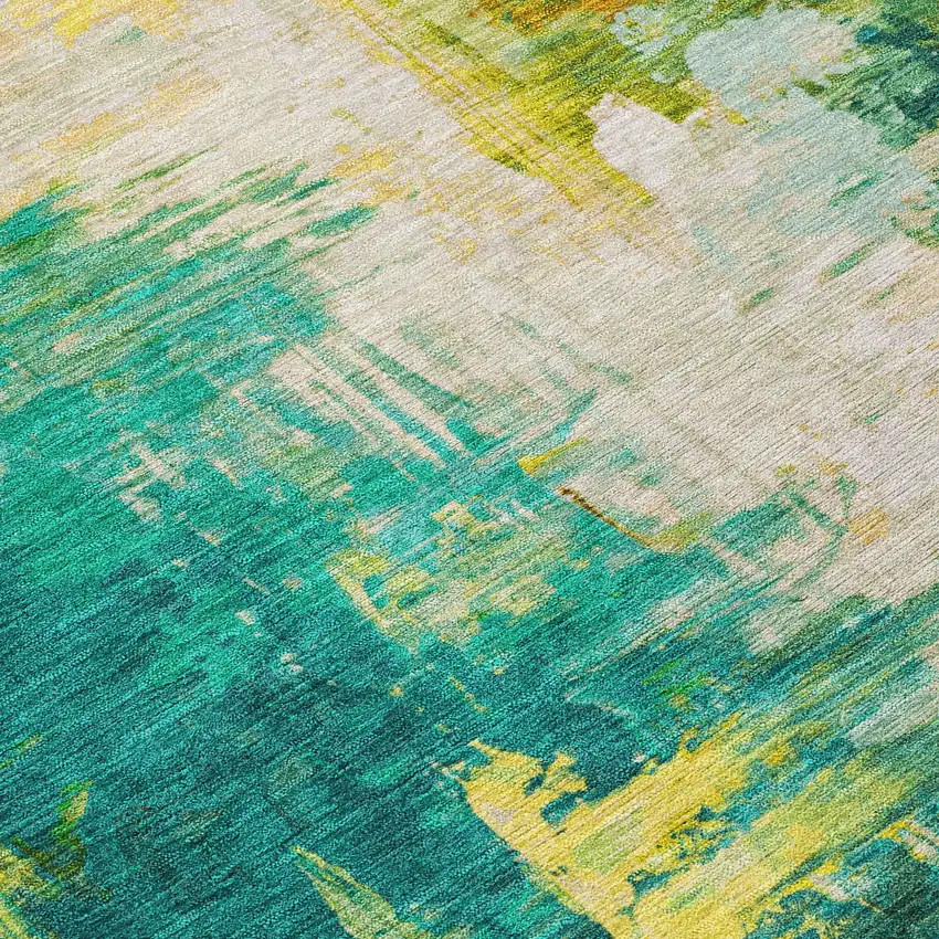 Green And Gold Abstract Washable Indoor Outdoor Area Rug Photo 6