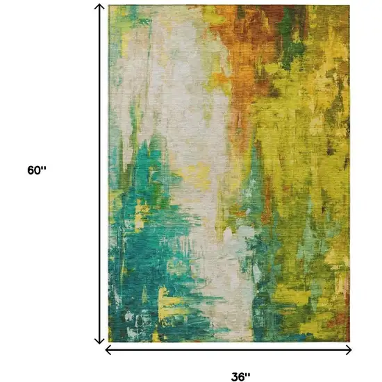 Green And Gold Abstract Washable Indoor Outdoor Area Rug Photo 9