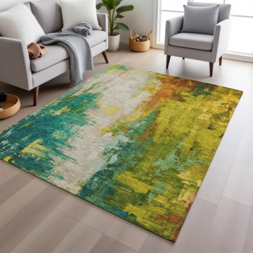 Green And Gold Abstract Washable Indoor Outdoor Area Rug Photo 4