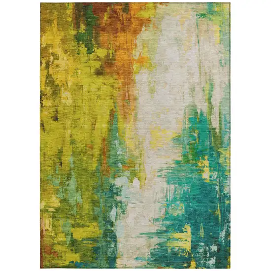 Green And Gold Abstract Washable Indoor Outdoor Area Rug Photo 8
