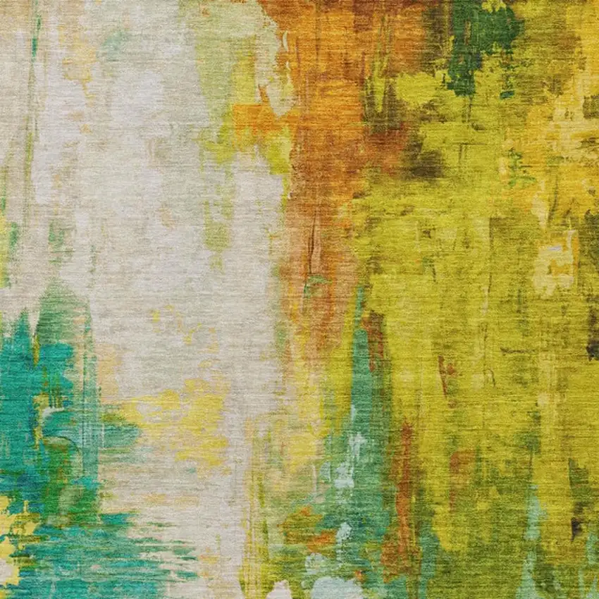 Green And Gold Abstract Washable Indoor Outdoor Area Rug Photo 1