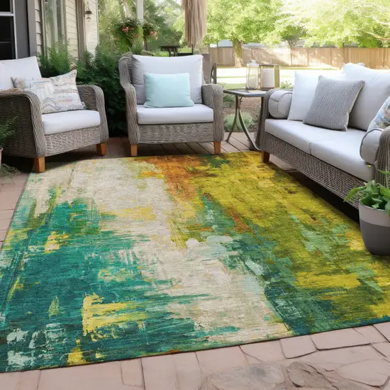 Green And Gold Abstract Washable Indoor Outdoor Area Rug Photo 3