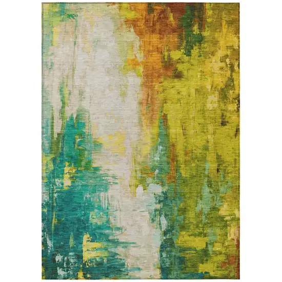 Green And Gold Abstract Washable Indoor Outdoor Area Rug Photo 7
