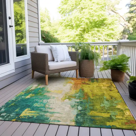 Green And Gold Abstract Washable Indoor Outdoor Area Rug Photo 6