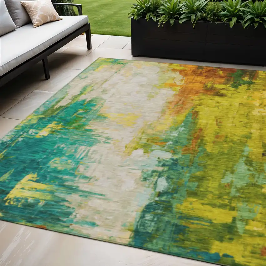 Green And Gold Abstract Washable Indoor Outdoor Area Rug Photo 2
