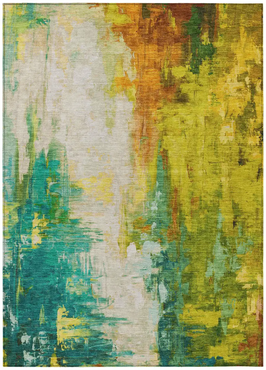 Green And Gold Abstract Washable Indoor Outdoor Area Rug Photo 8