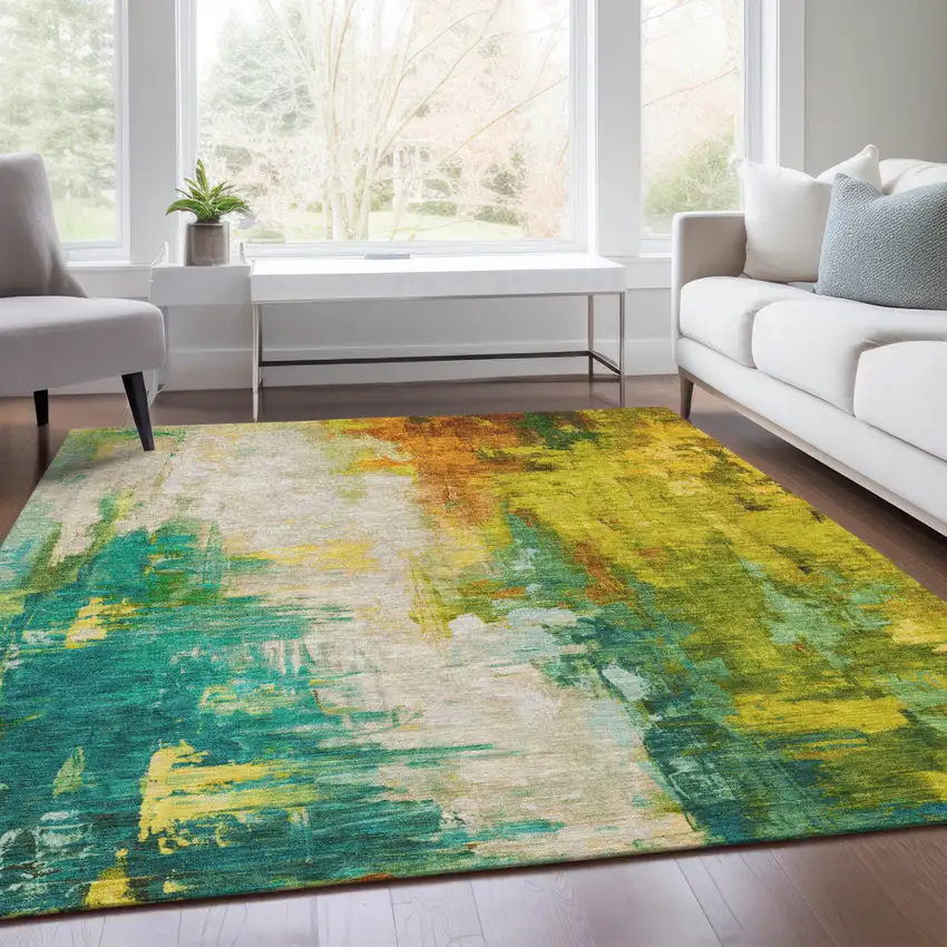 Green And Gold Abstract Washable Indoor Outdoor Area Rug Photo 6