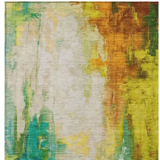 Green And Gold Abstract Washable Indoor Outdoor Area Rug Photo 3
