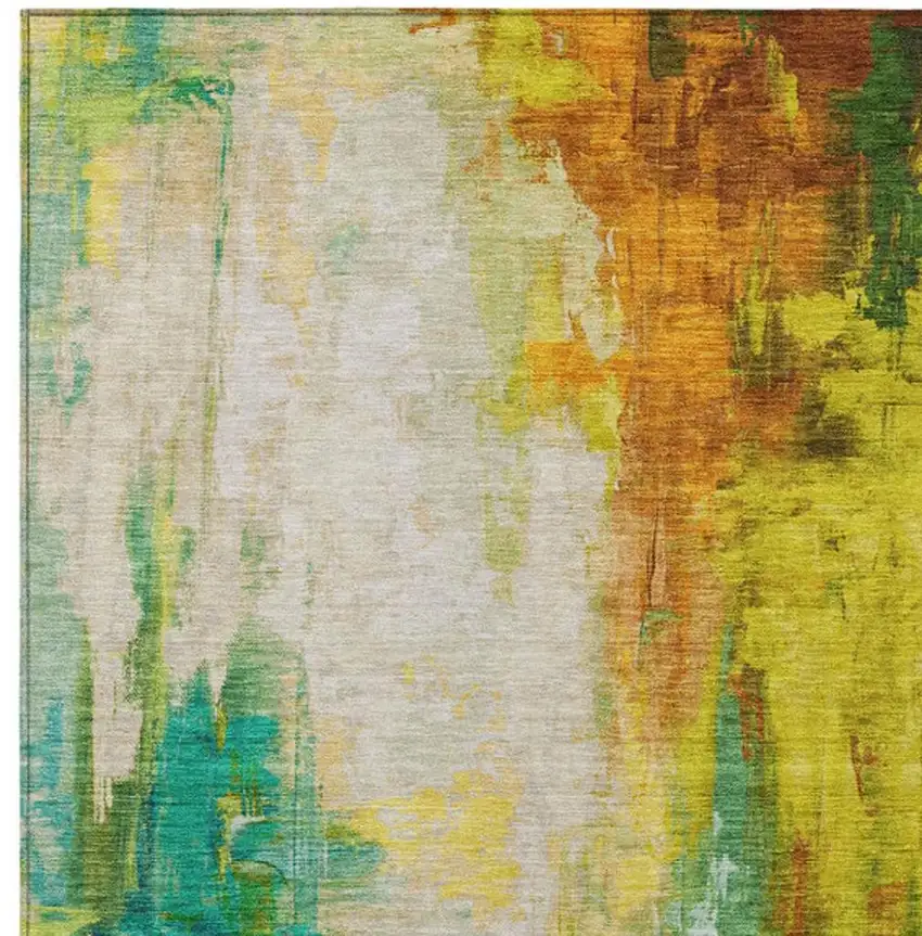 Green And Gold Abstract Washable Indoor Outdoor Area Rug Photo 3