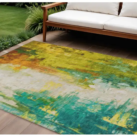 Green And Gold Abstract Washable Indoor Outdoor Area Rug Photo 2