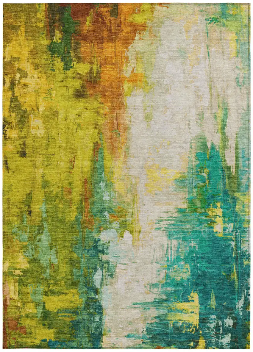 Green And Gold Abstract Washable Indoor Outdoor Area Rug Photo 9