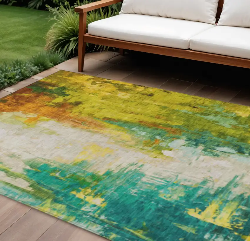 Green And Gold Abstract Washable Indoor Outdoor Area Rug Photo 2