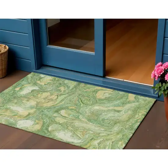 Green And Gold Abstract Washable Indoor Outdoor Area Rug Photo 2