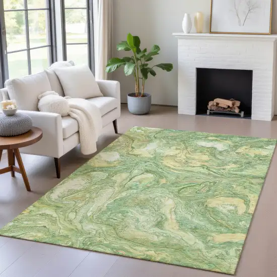 Green And Gold Abstract Washable Indoor Outdoor Area Rug Photo 6