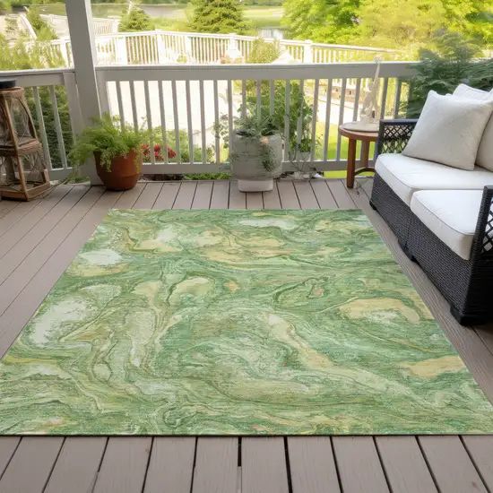 Green And Gold Abstract Washable Indoor Outdoor Area Rug Photo 8