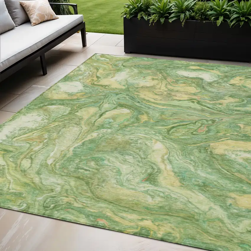 Green And Gold Abstract Washable Indoor Outdoor Area Rug Photo 2