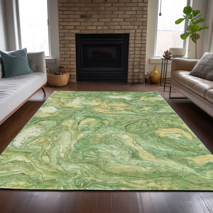 Green And Gold Abstract Washable Indoor Outdoor Area Rug Photo 7