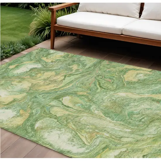Green And Gold Abstract Washable Indoor Outdoor Area Rug Photo 2