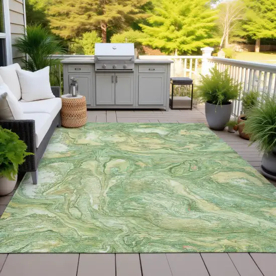 Green And Gold Abstract Washable Indoor Outdoor Area Rug Photo 4