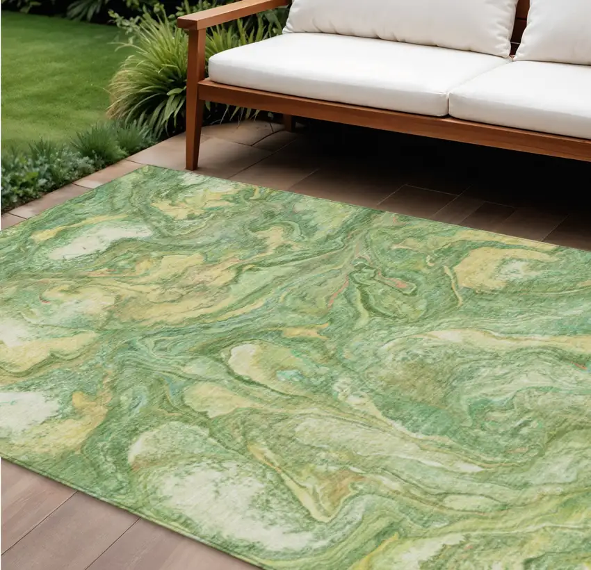 Green And Gold Abstract Washable Indoor Outdoor Area Rug Photo 2