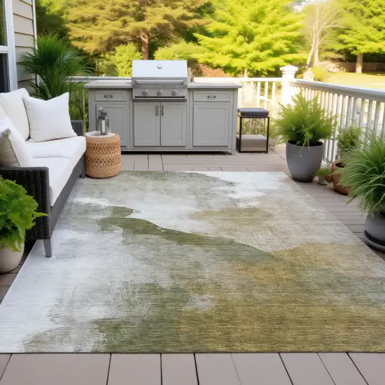 Green And Gold Abstract Washable Indoor Outdoor Area Rug Photo 5