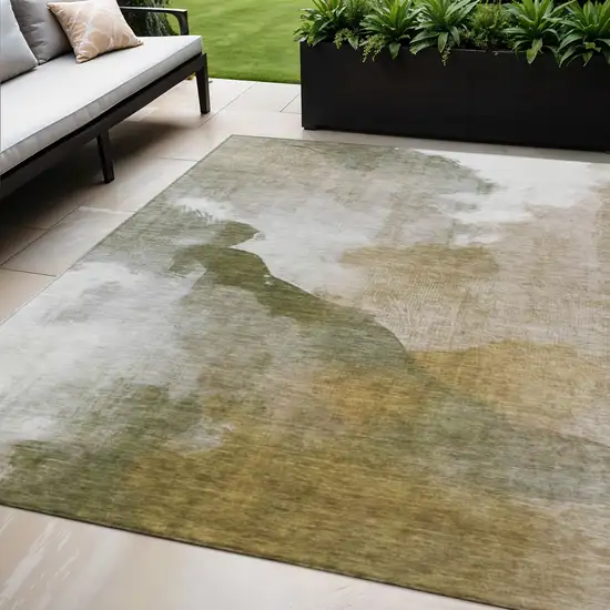 Green And Gold Abstract Washable Indoor Outdoor Area Rug Photo 2
