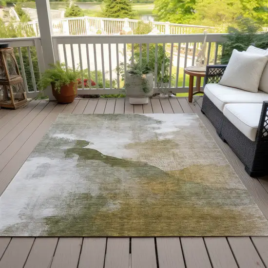 Green And Gold Abstract Washable Indoor Outdoor Area Rug Photo 8