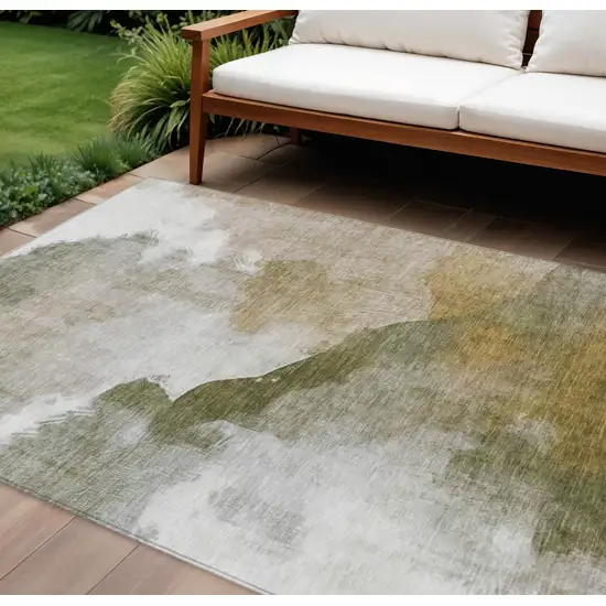 Green And Gold Abstract Washable Indoor Outdoor Area Rug Photo 2