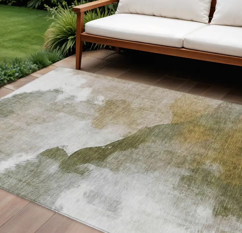 Green And Gold Abstract Washable Indoor Outdoor Area Rug Photo 2