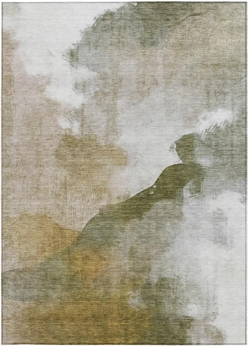 Green And Gold Abstract Washable Indoor Outdoor Area Rug Photo 1