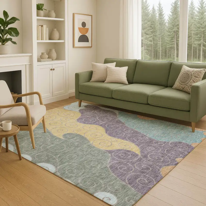 Green And Gold Abstract Washable Indoor Outdoor Area Rug Photo 5