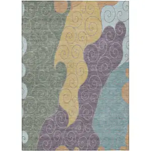 Photo of Green And Gold Abstract Washable Indoor Outdoor Area Rug