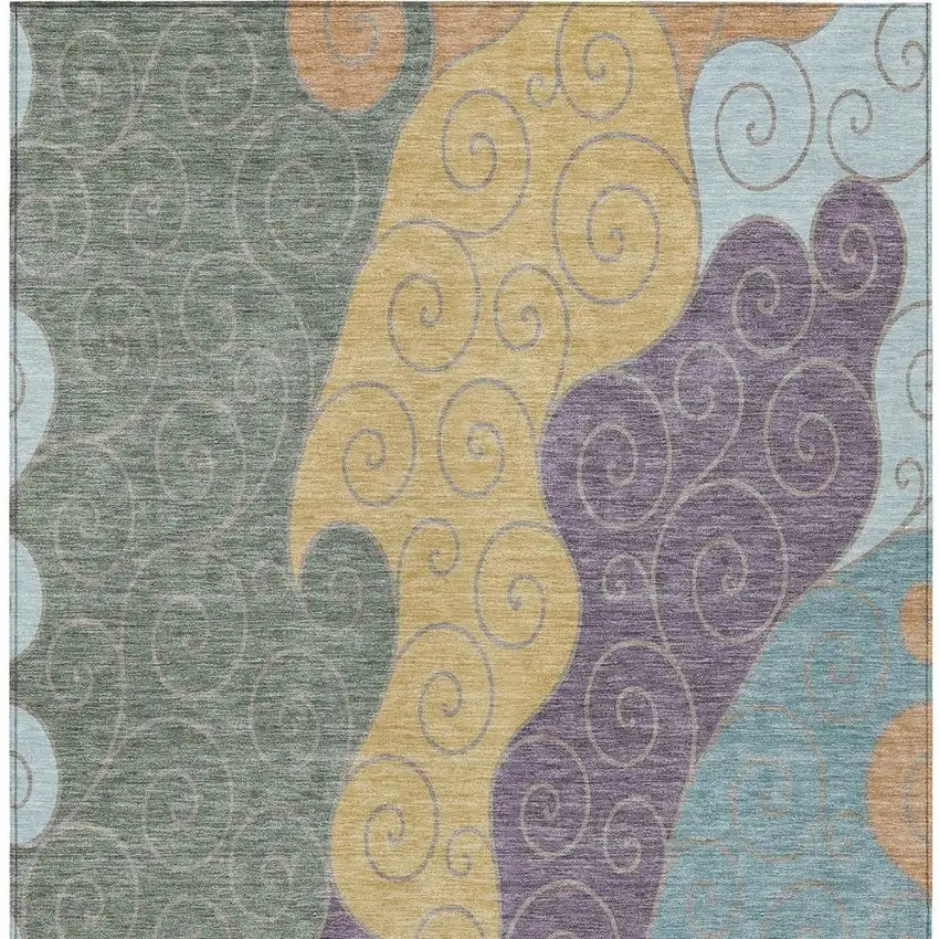 Green And Gold Abstract Washable Indoor Outdoor Area Rug Photo 3