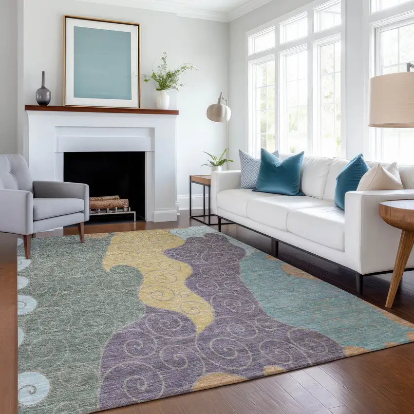 Green And Gold Abstract Washable Indoor Outdoor Area Rug Photo 6