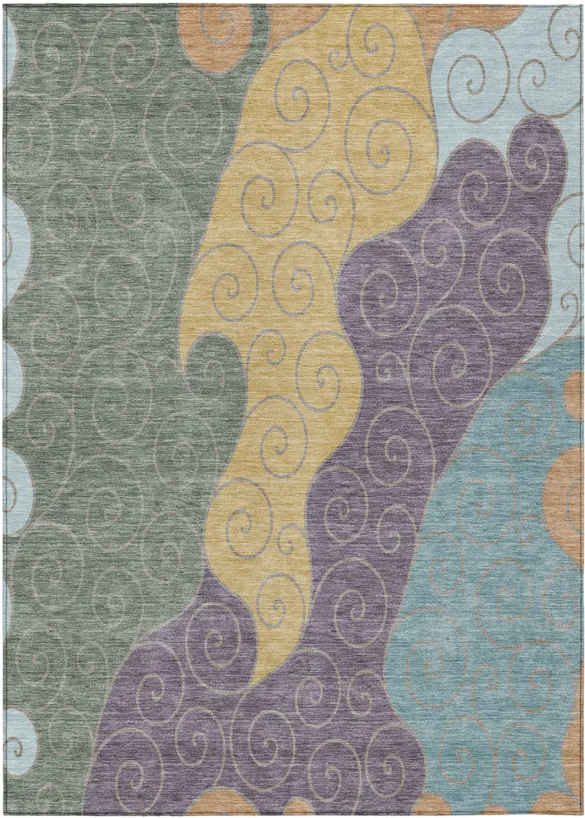 Green And Gold Abstract Washable Indoor Outdoor Area Rug Photo 1